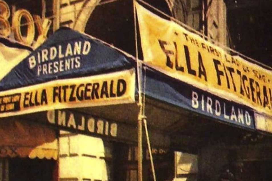 painting of music venue featuring Ella Fitzgerald