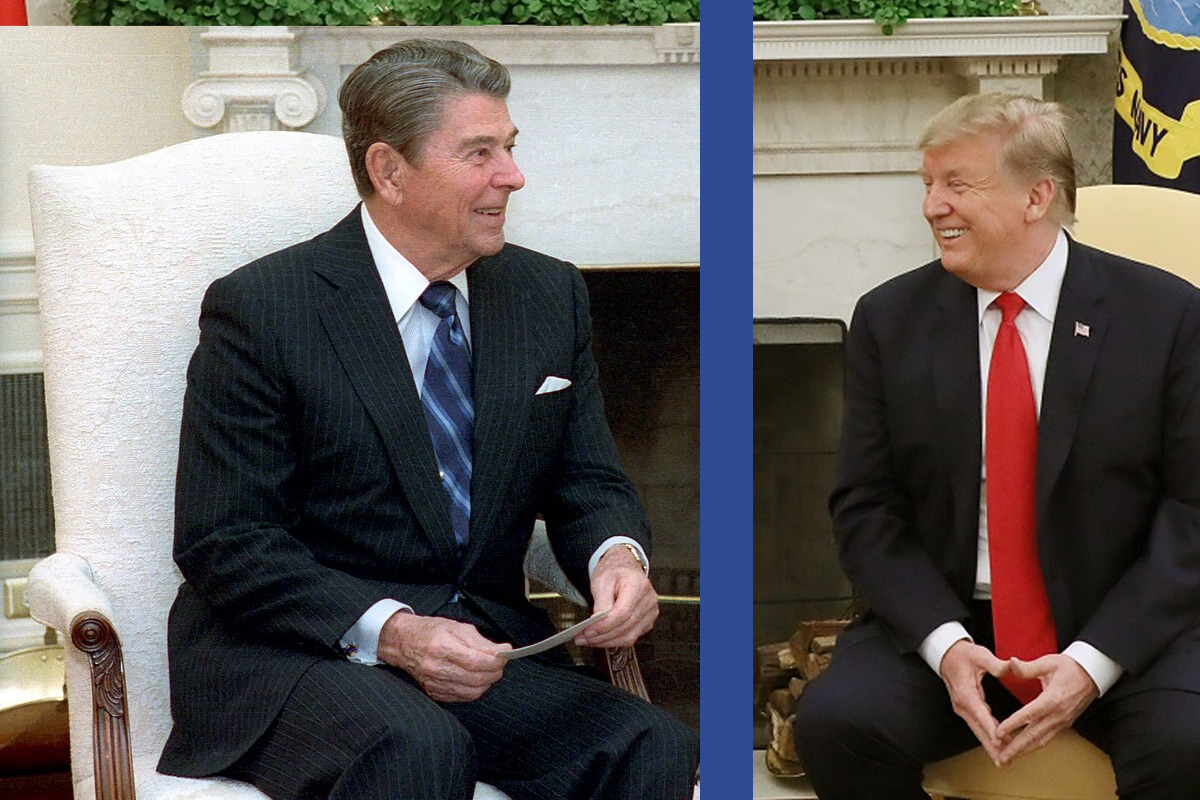 photos of Ronald Reagan on left and Donald Trump on right. From Wikimedia Commons